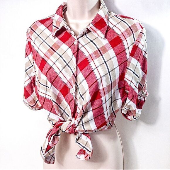 Vintage Red Plaid Blouse Sz M - Picture 1 of 12